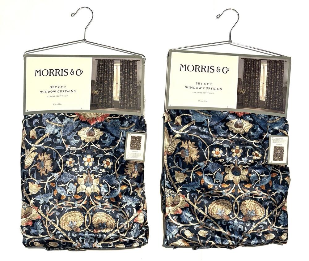 4 Morris & Co. Window Curtains Panels Lodden Navy Blue Clay 37X84” Velvet Finish